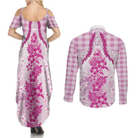 Aloha Hawaii Palaka Couples Matching Summer Maxi Dress and Long Sleeve Button Shirt Pink Plumeria Lei LT05 - Polynesian Pride