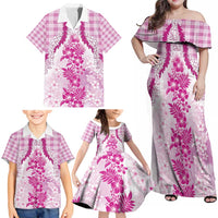 Aloha Hawaii Palaka Family Matching Off Shoulder Maxi Dress and Hawaiian Shirt Pink Plumeria Lei - Polynesian Pride