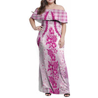 Aloha Hawaii Palaka Family Matching Off Shoulder Maxi Dress and Hawaiian Shirt Pink Plumeria Lei - Polynesian Pride