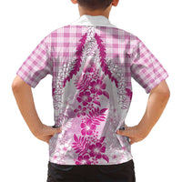Aloha Hawaii Palaka Family Matching Off Shoulder Short Dress and Hawaiian Shirt Pink Plumeria Lei - Polynesian Pride