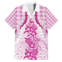 Aloha Hawaii Palaka Family Matching Off Shoulder Short Dress and Hawaiian Shirt Pink Plumeria Lei - Polynesian Pride