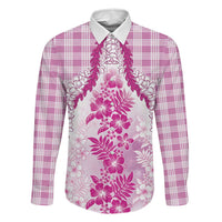 Aloha Hawaii Palaka Family Matching Off Shoulder Short Dress and Hawaiian Shirt Pink Plumeria Lei LT05 Dad's Shirt - Long Sleeve Pink - Polynesian Pride