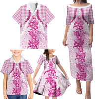 Aloha Hawaii Palaka Family Matching Puletasi and Hawaiian Shirt Pink Plumeria Lei - Polynesian Pride