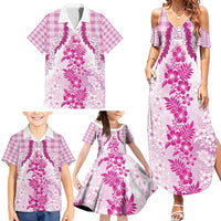 Aloha Hawaii Palaka Family Matching Summer Maxi Dress and Hawaiian Shirt Pink Plumeria Lei - Polynesian Pride