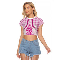 Aloha Hawaii Palaka Raglan Cropped T Shirt Pink Plumeria Lei LT05 Female Pink - Polynesian Pride