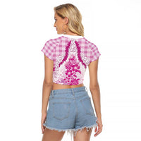 Aloha Hawaii Palaka Raglan Cropped T Shirt Pink Plumeria Lei LT05 - Polynesian Pride