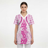 Aloha Hawaii Palaka Scrub Top Pink Plumeria Lei - Polynesian Pride