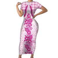 Aloha Hawaii Palaka Short Sleeve Bodycon Dress Pink Plumeria Lei LT05 Long Dress Pink - Polynesian Pride