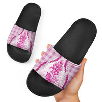Aloha Hawaii Palaka Slide Sandals Pink Plumeria Lei - Polynesian Pride