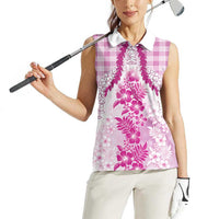 Aloha Hawaii Palaka Women Sleeveless Polo Shirt Pink Plumeria Lei - Polynesian Pride