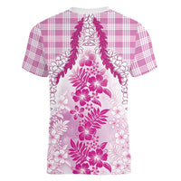 Aloha Hawaii Palaka Women V-Neck T-Shirt Pink Plumeria Lei LT05 - Polynesian Pride