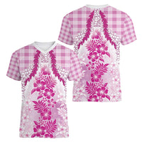 Aloha Hawaii Palaka Women V-Neck T-Shirt Pink Plumeria Lei LT05 - Polynesian Pride