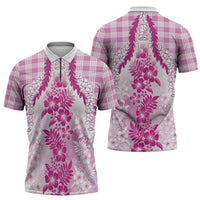 Aloha Hawaii Palaka Zipper Polo Shirt Pink Plumeria Lei LT05 - Polynesian Pride