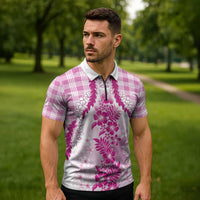 Aloha Hawaii Palaka Zipper Polo Shirt Pink Plumeria Lei LT05 - Polynesian Pride