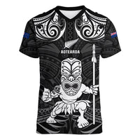 Custom New Zealand Maori Taiaha Women V Neck T Shirt Tiki Warrior Black LT05 Female Black - Polynesian Pride