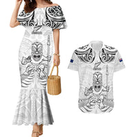 Custom New Zealand Maori Taiaha Couples Matching Mermaid Dress and Hawaiian Shirt Tiki Warrior White LT05 White - Polynesian Pride