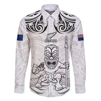 Custom New Zealand Maori Taiaha Family Matching Off Shoulder Maxi Dress and Hawaiian Shirt Tiki Warrior White LT05 Dad's Shirt - Long Sleeve White - Polynesian Pride