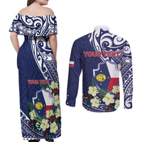 Personalised Wake Island Couples Matching Off Shoulder Maxi Dress and Long Sleeve Button Shirt Tribal Pattern With Hibiscus Flowers LT05 - Polynesian Pride