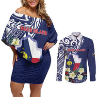 Personalised Wake Island Couples Matching Off Shoulder Short Dress and Long Sleeve Button Shirt Tribal Pattern With Hibiscus Flowers LT05 Blue - Polynesian Pride