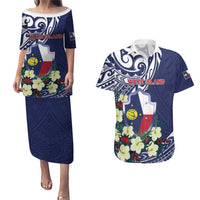 Personalised Wake Island Couples Matching Puletasi and Hawaiian Shirt Tribal Pattern With Hibiscus Flowers LT05 Blue - Polynesian Pride