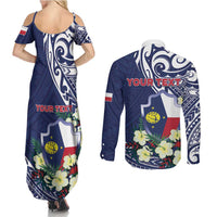 Personalised Wake Island Couples Matching Summer Maxi Dress and Long Sleeve Button Shirt Tribal Pattern With Hibiscus Flowers LT05 - Polynesian Pride