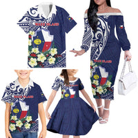 Personalised Wake Island Family Matching Off The Shoulder Long Sleeve Dress and Hawaiian Shirt Tribal Pattern With Hibiscus Flowers