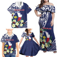 Personalised Wake Island Family Matching Off Shoulder Maxi Dress and Hawaiian Shirt Tribal Pattern With Hibiscus Flowers