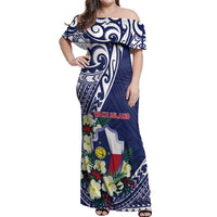Personalised Wake Island Off Shoulder Maxi Dress Tribal Pattern With Hibiscus Flowers LT05 Women Blue - Polynesian Pride