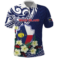 Personalised Wake Island Polo Shirt Tribal Pattern With Hibiscus Flowers LT05 Blue - Polynesian Pride