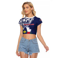 Personalised Wake Island Raglan Cropped T Shirt Tribal Pattern With Hibiscus Flowers LT05 Female Blue - Polynesian Pride