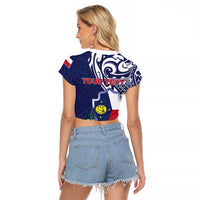 Personalised Wake Island Raglan Cropped T Shirt Tribal Pattern With Hibiscus Flowers LT05 - Polynesian Pride
