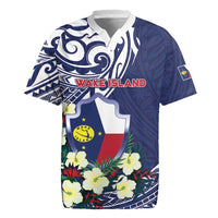Personalised Wake Island Rugby Jersey Tribal Pattern With Hibiscus Flowers LT05 Blue - Polynesian Pride