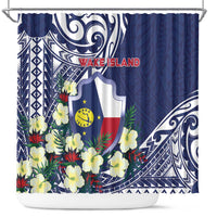 Wake Island Shower Curtain Tribal Pattern With Hibiscus Flowers LT05 Blue - Polynesian Pride