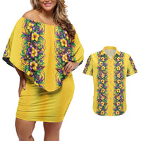 Aloha Hawaii Mardi Gras Couples Matching Off Shoulder Short Dress and Hawaiian Shirt Gold Style LT05 Gold - Polynesian Pride