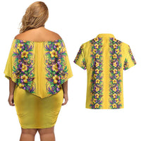 Aloha Hawaii Mardi Gras Couples Matching Off Shoulder Short Dress and Hawaiian Shirt Gold Style LT05 - Polynesian Pride