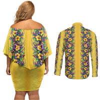 Aloha Hawaii Mardi Gras Couples Matching Off Shoulder Short Dress and Long Sleeve Button Shirt Gold Style LT05 - Polynesian Pride