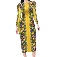 Aloha Hawaii Mardi Gras Long Sleeve Bodycon Dress Gold Style LT05 Long Dress Gold - Polynesian Pride