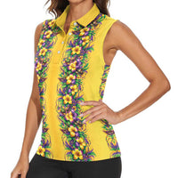 Aloha Hawaii Mardi Gras Women Sleeveless Polo Shirt Gold Style LT05 - Polynesian Pride