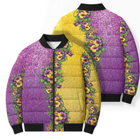 Hawaii Mardi Gras Bomber Puffer Jacket Plumeria Lei Beads Glitter Style LT05 - Polynesian Pride