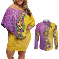 Hawaii Mardi Gras Couples Matching Off Shoulder Short Dress and Long Sleeve Button Shirt Plumeria Lei Beads Glitter Style LT05 Colorful - Polynesian Pride