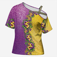 Hawaii Mardi Gras Cross Shoulder Shirt Plumeria Lei Beads Glitter Style LT05 Female Colorful - Polynesian Pride