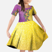 Hawaii Mardi Gras Family Matching Long Sleeve Bodycon Dress and Hawaiian Shirt Plumeria Lei Beads Glitter Style