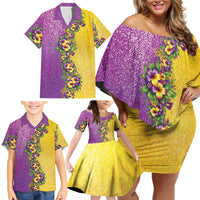 Hawaii Mardi Gras Family Matching Off Shoulder Short Dress and Hawaiian Shirt Plumeria Lei Beads Glitter Style
