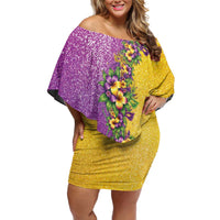 Hawaii Mardi Gras Family Matching Off Shoulder Short Dress and Hawaiian Shirt Plumeria Lei Beads Glitter Style