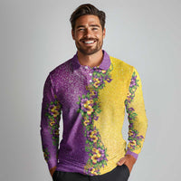 Hawaii Mardi Gras Long Sleeve Polo Shirt Plumeria Lei Beads Glitter Style LT05 - Polynesian Pride