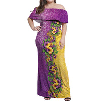 Hawaii Mardi Gras Off Shoulder Maxi Dress Plumeria Lei Beads Glitter Style LT05 Women Colorful - Polynesian Pride