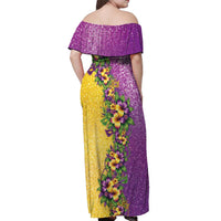 Hawaii Mardi Gras Off Shoulder Maxi Dress Plumeria Lei Beads Glitter Style LT05 - Polynesian Pride