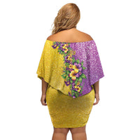 Hawaii Mardi Gras Off Shoulder Short Dress Plumeria Lei Beads Glitter Style LT05 - Polynesian Pride