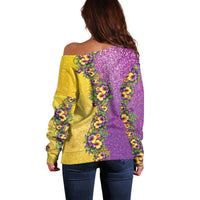 Hawaii Mardi Gras Off Shoulder Sweater Plumeria Lei Beads Glitter Style LT05 - Polynesian Pride