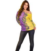 Hawaii Mardi Gras Off Shoulder Sweater Plumeria Lei Beads Glitter Style LT05 - Polynesian Pride